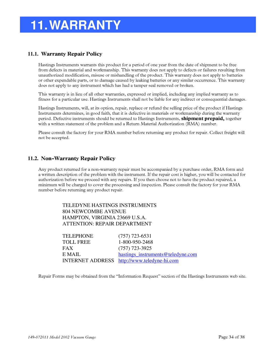 Teledyne 2002 instruction manual Non-Warranty Repair Policy 