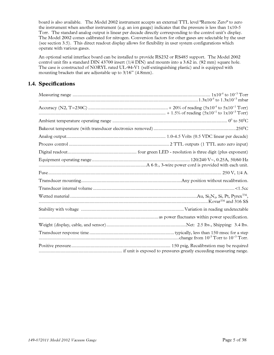 Teledyne 2002 instruction manual Specifications 