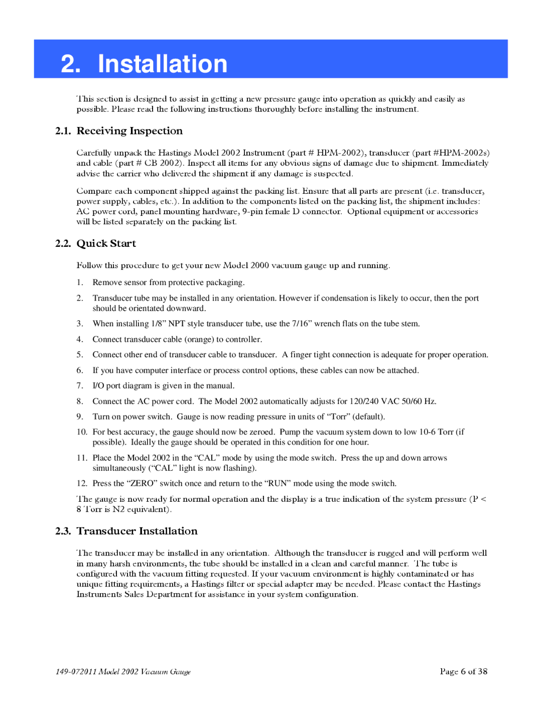 Teledyne 2002 instruction manual Receiving Inspection, Quick Start, Transducer Installation 