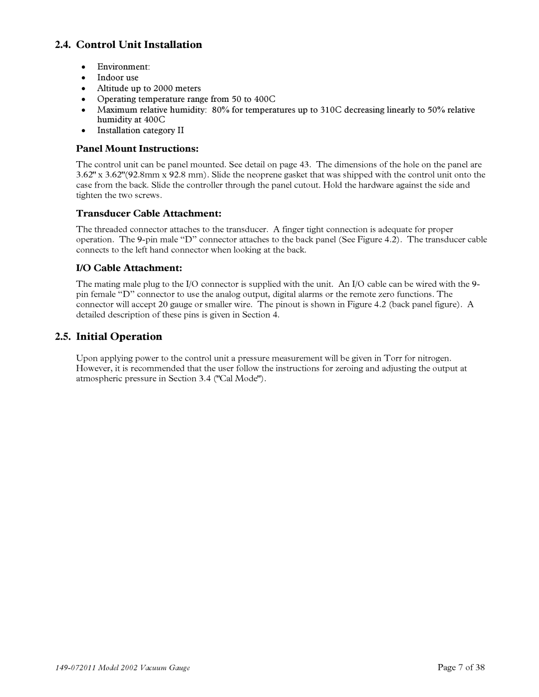 Teledyne 2002 Control Unit Installation, Initial Operation, Panel Mount Instructions, Transducer Cable Attachment 