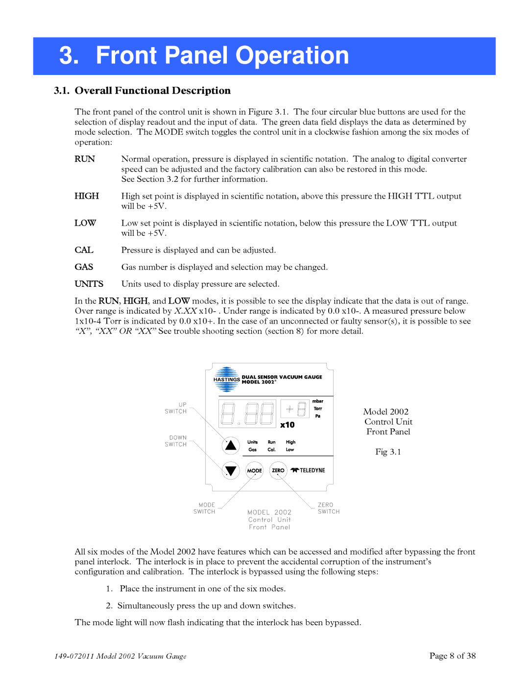 Teledyne 2002 instruction manual Front Panel Operation, Overall Functional Description 