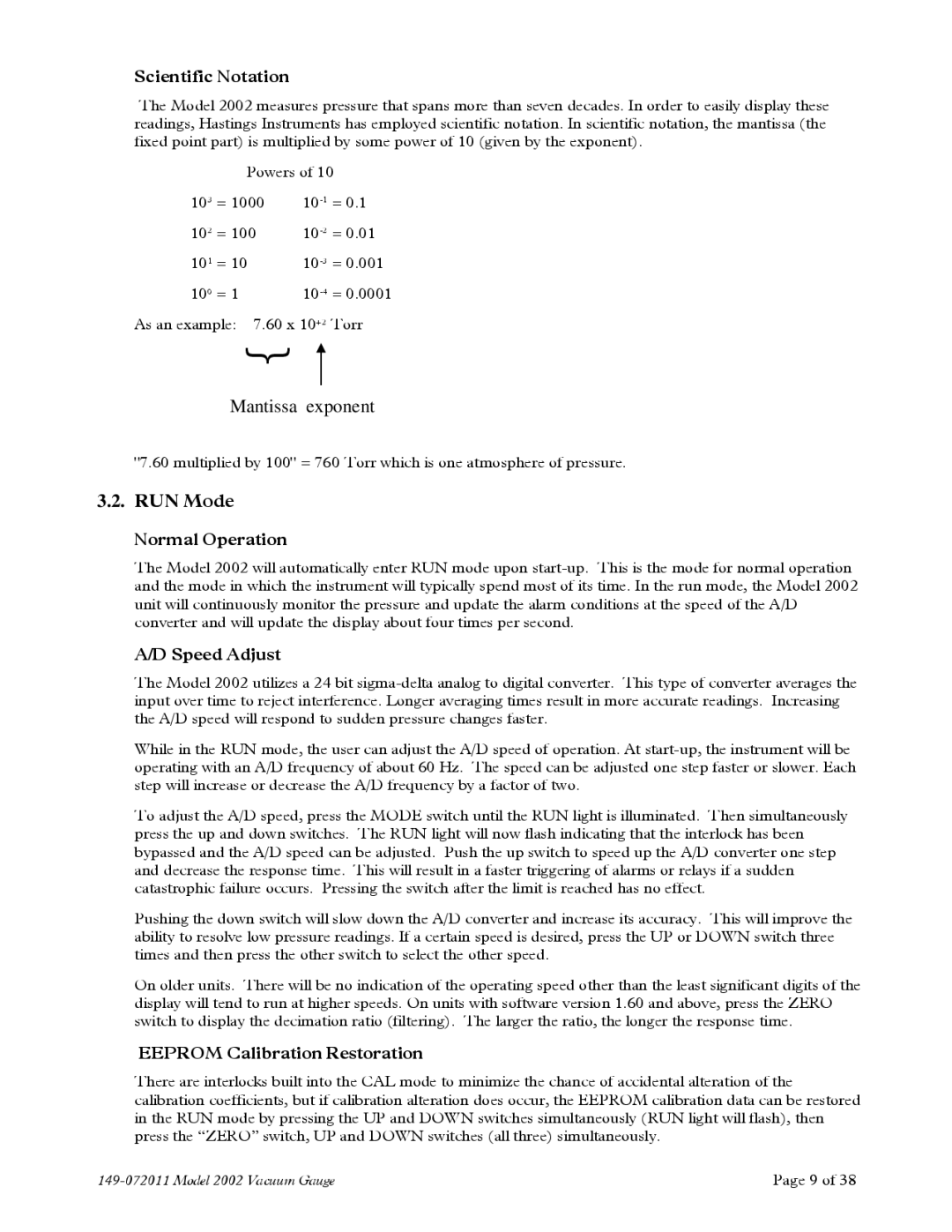 Teledyne 2002 RUN Mode, Scientific Notation, Normal Operation, Speed Adjust, Eeprom Calibration Restoration 