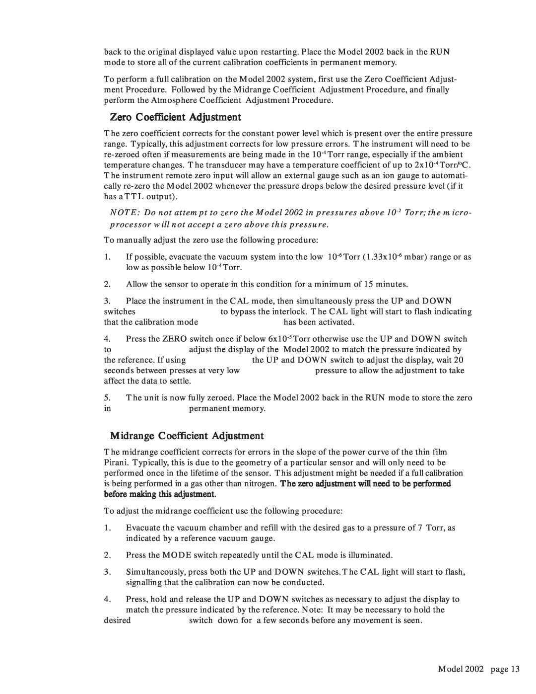 Teledyne 2002 instruction manual Zero Coefficient Adjustment, Midrange Coefficient Adjustment 