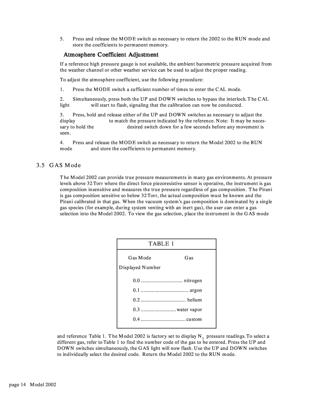 Teledyne 2002 instruction manual Atmosphere Coefficient Adjustment, GAS Mode 