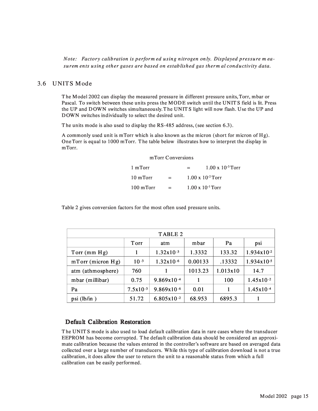 Teledyne 2002 instruction manual UNITS Mode, Default Calibration Restoration 