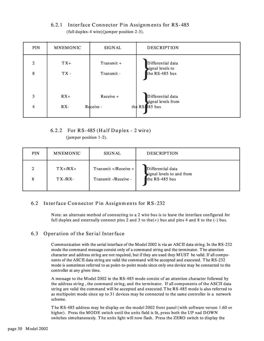Teledyne 2002 instruction manual Interface Connector Pin Assignments for RS-485, For RS-485 Half Duplex - 2 wire 