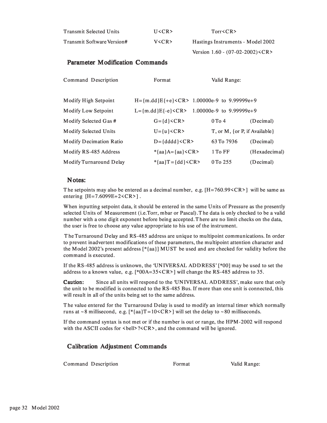 Teledyne 2002 instruction manual Parameter Modification Commands, Calibration Adjustment Commands 