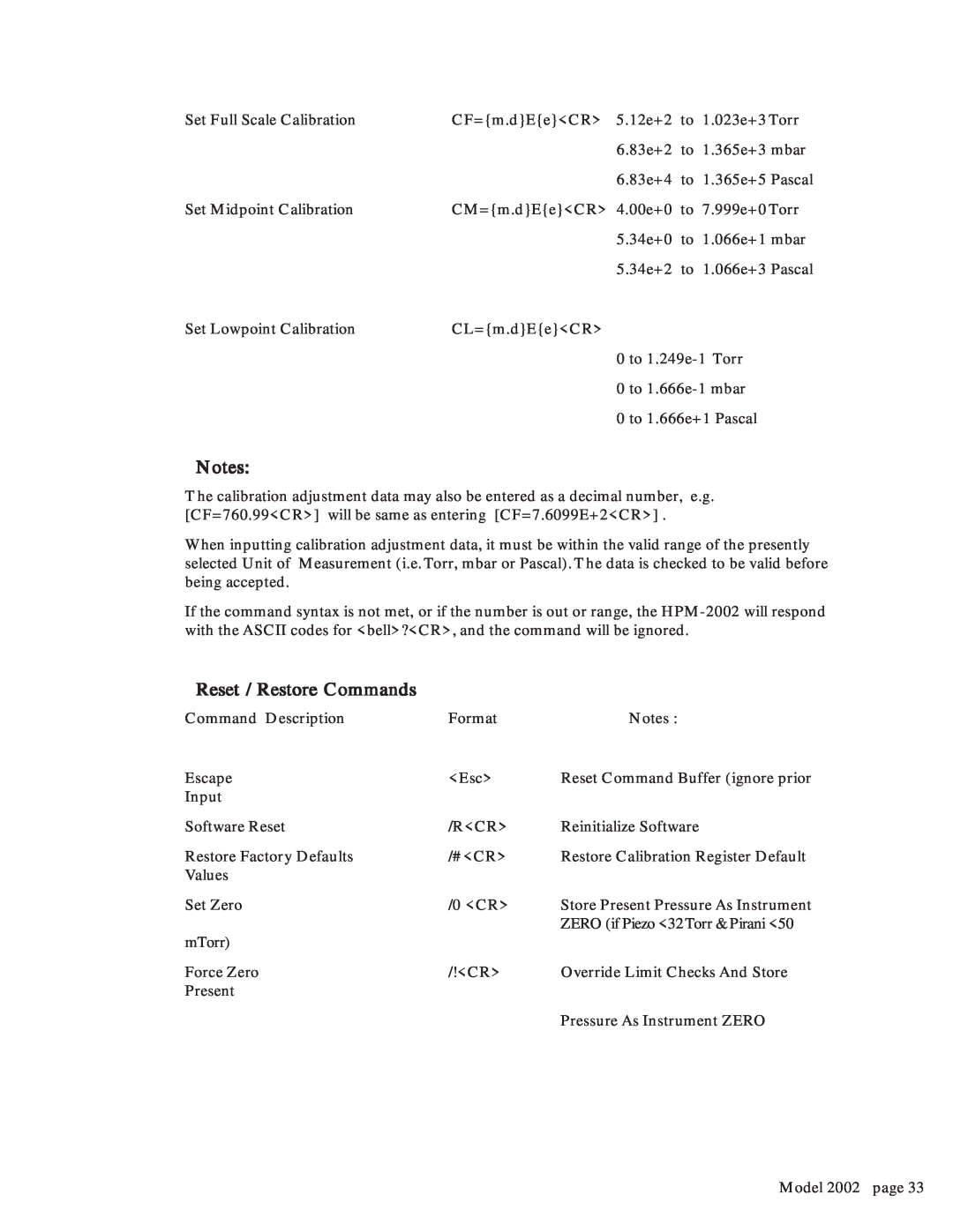 Teledyne 2002 instruction manual Reset / Restore Commands 