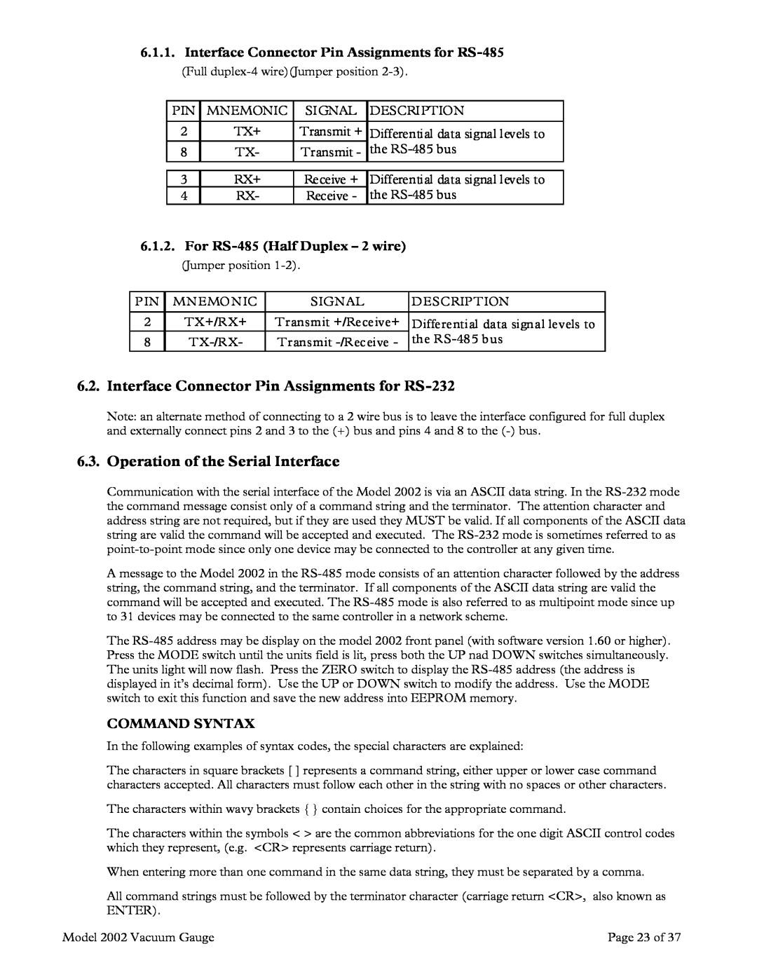Teledyne 2002 instruction manual Operation of the Serial Interface, For RS-485Half Duplex - 2 wire, Command Syntax 