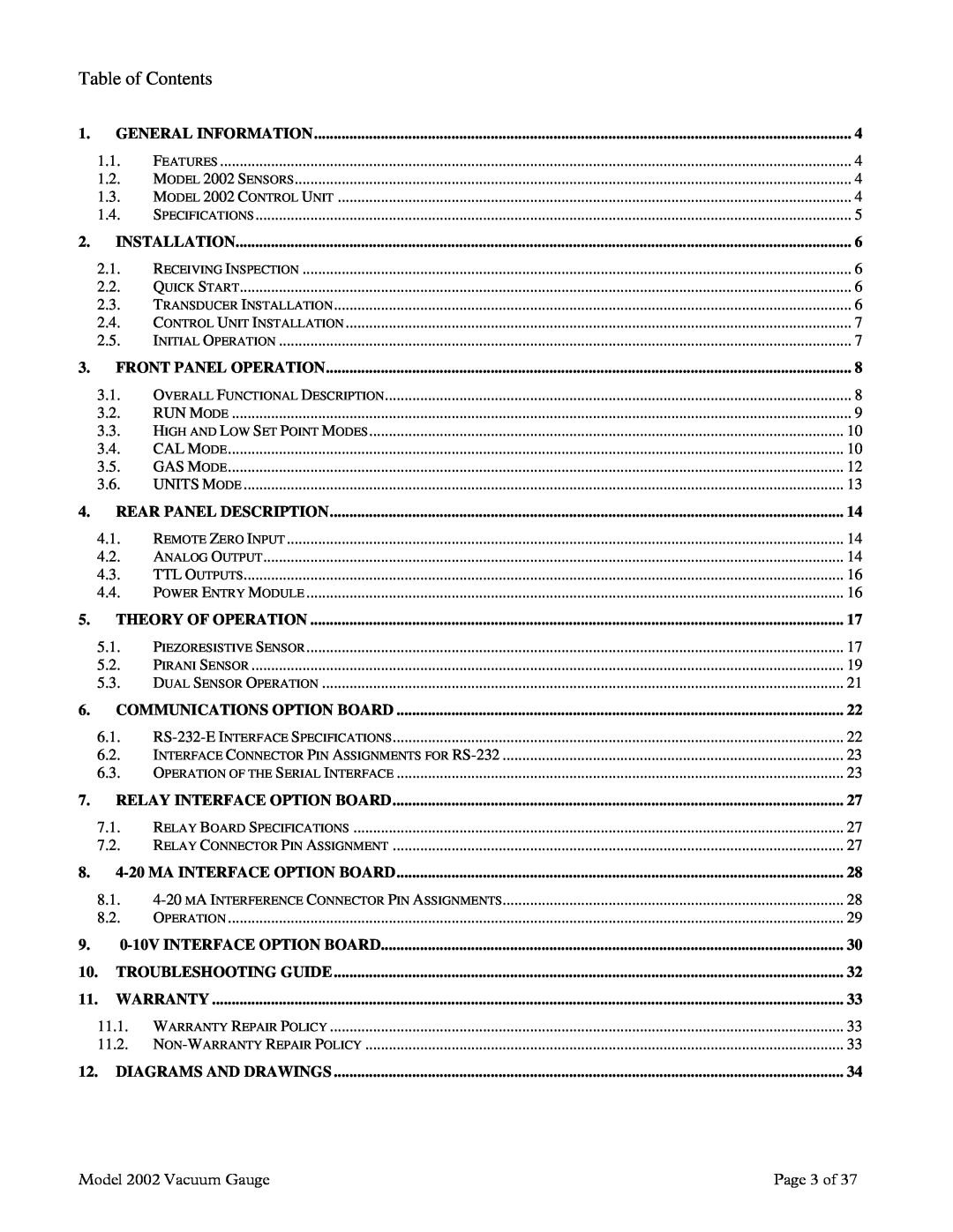 Teledyne 2002 instruction manual Table of Contents 