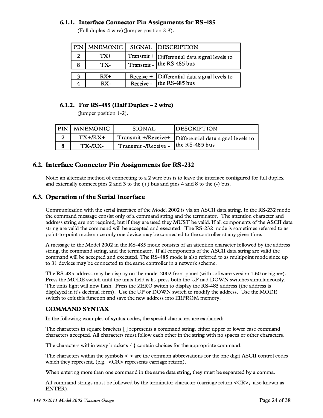 Teledyne 2002 Interface Connector Pin Assignments for RS-232, Operation of the Serial Interface, Command Syntax 