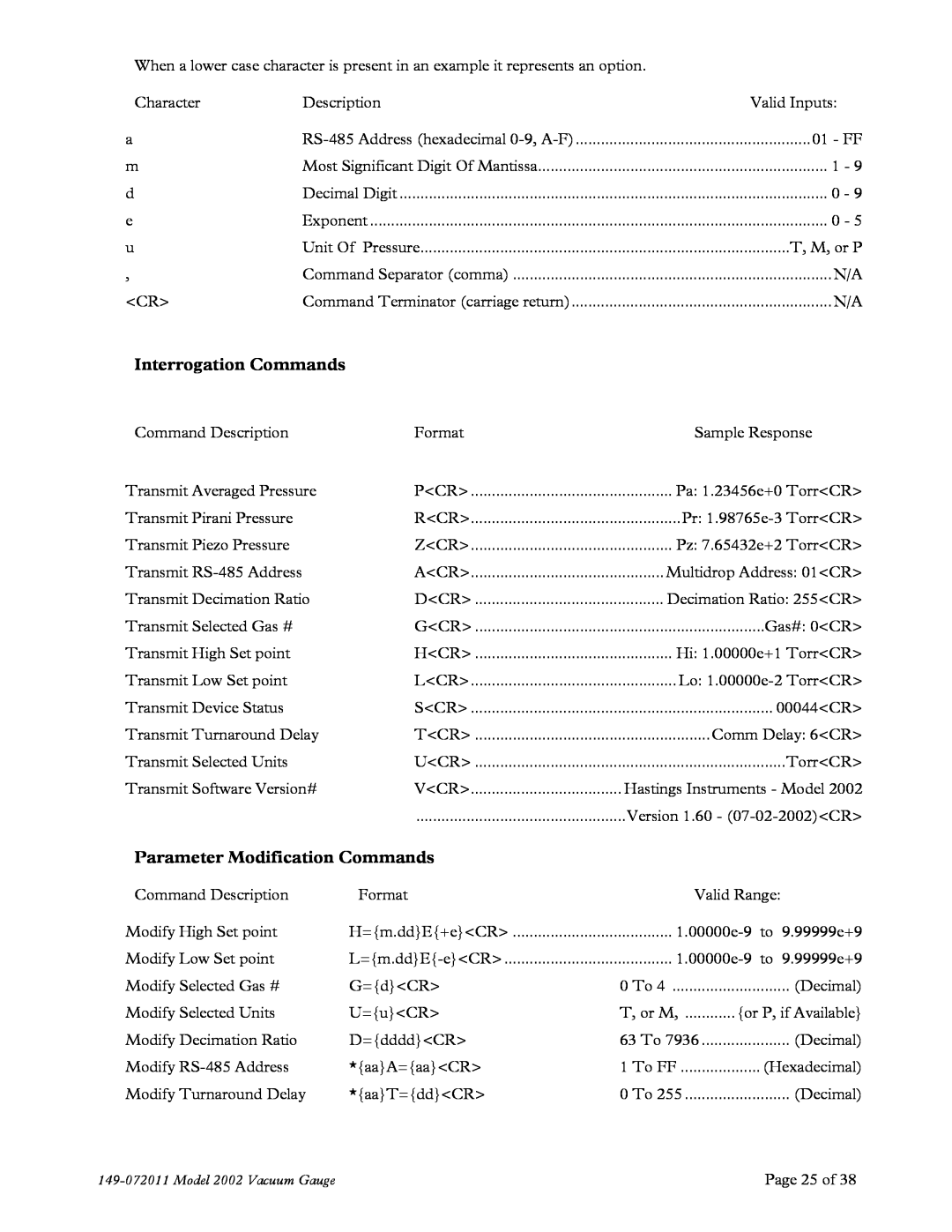 Teledyne 2002 instruction manual Interrogation Commands, Parameter Modification Commands, Page 25 of 