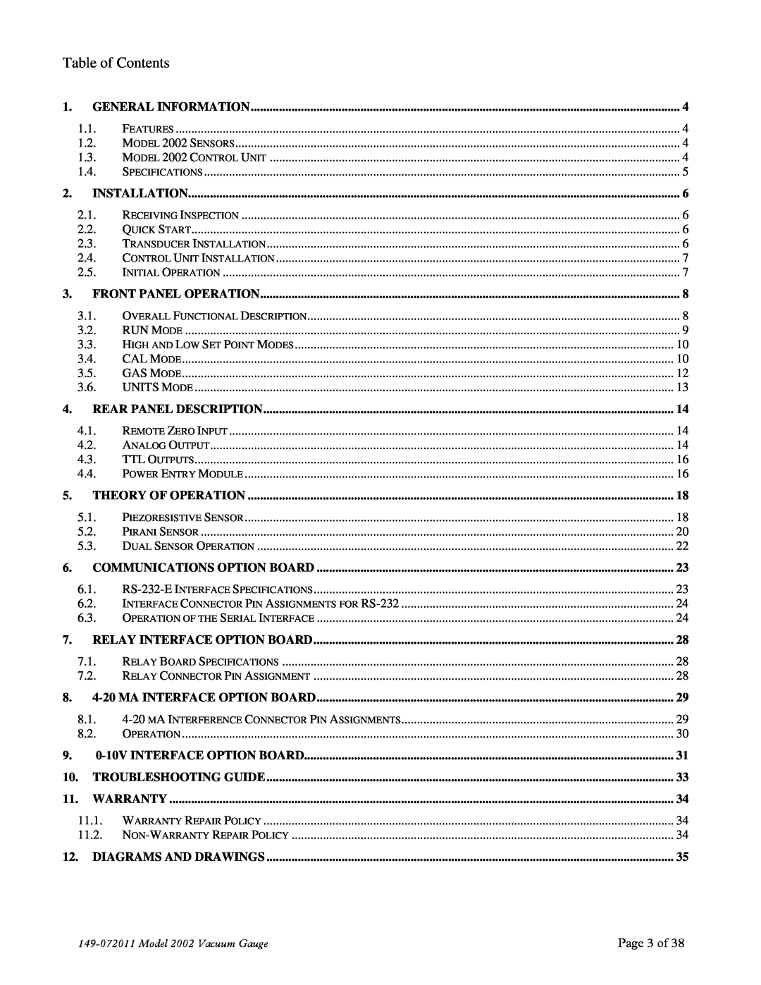 Teledyne 2002 instruction manual Table of Contents 