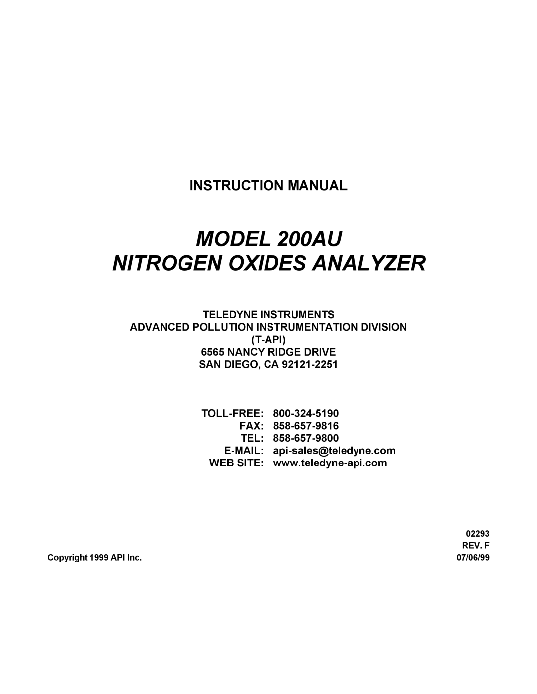 Teledyne instruction manual Model 200AU Nitrogen Oxides Analyzer 