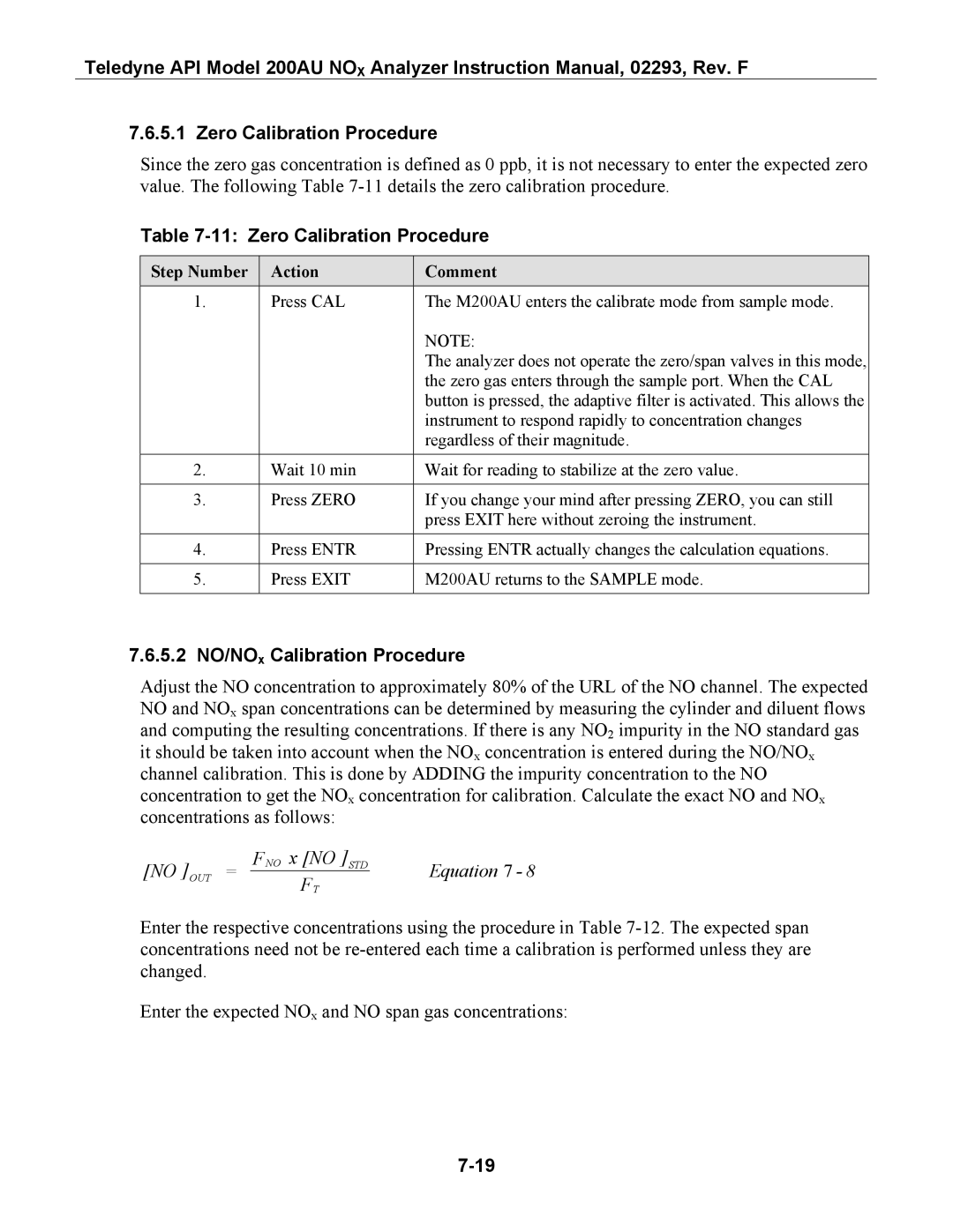 Teledyne 200AU instruction manual Zero Calibration Procedure, 5.2 NO/NOx Calibration Procedure 