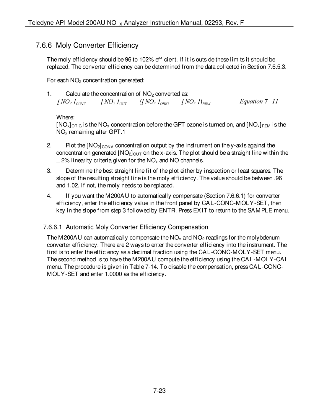 Teledyne 200AU instruction manual Automatic Moly Converter Efficiency Compensation 