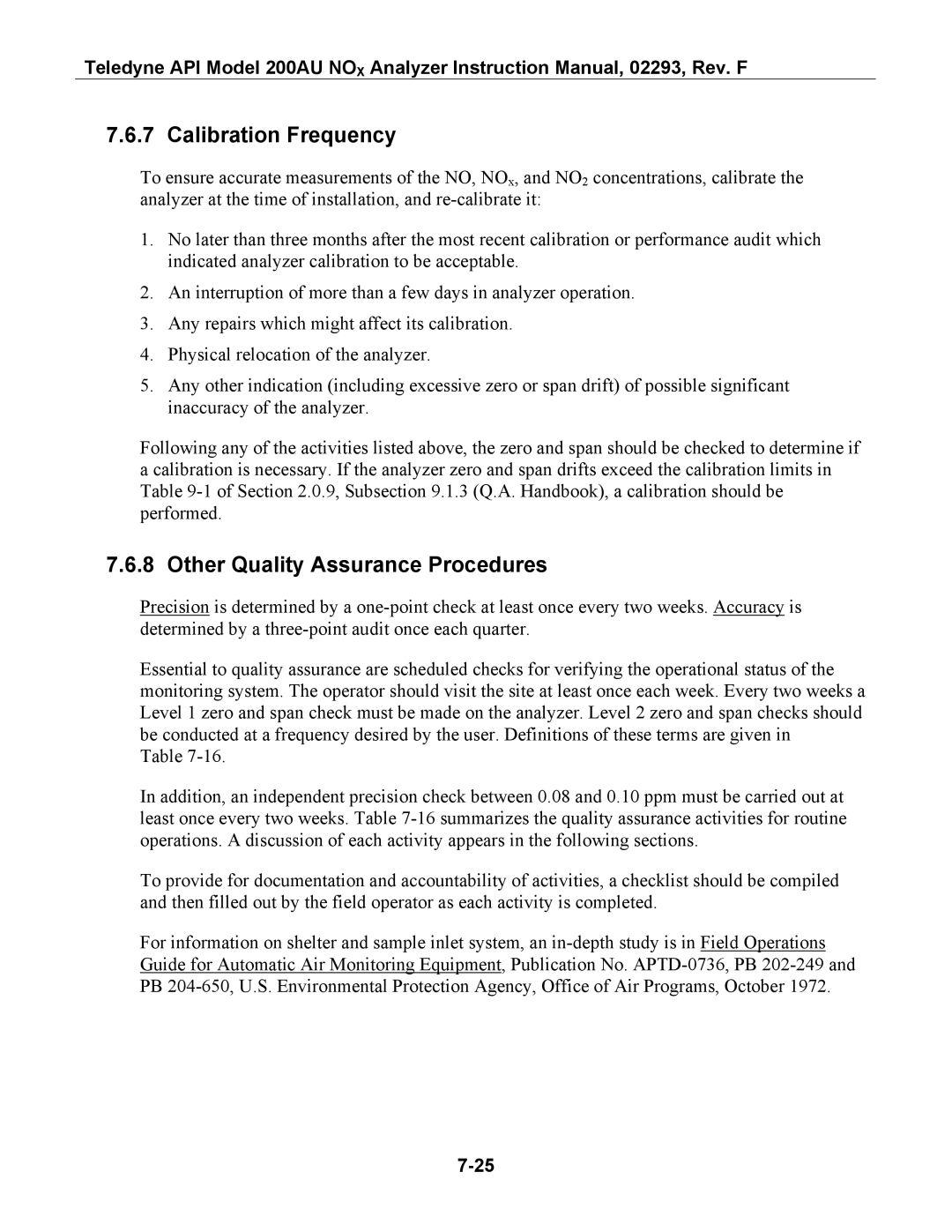 Teledyne 200AU instruction manual Calibration Frequency, Other Quality Assurance Procedures 