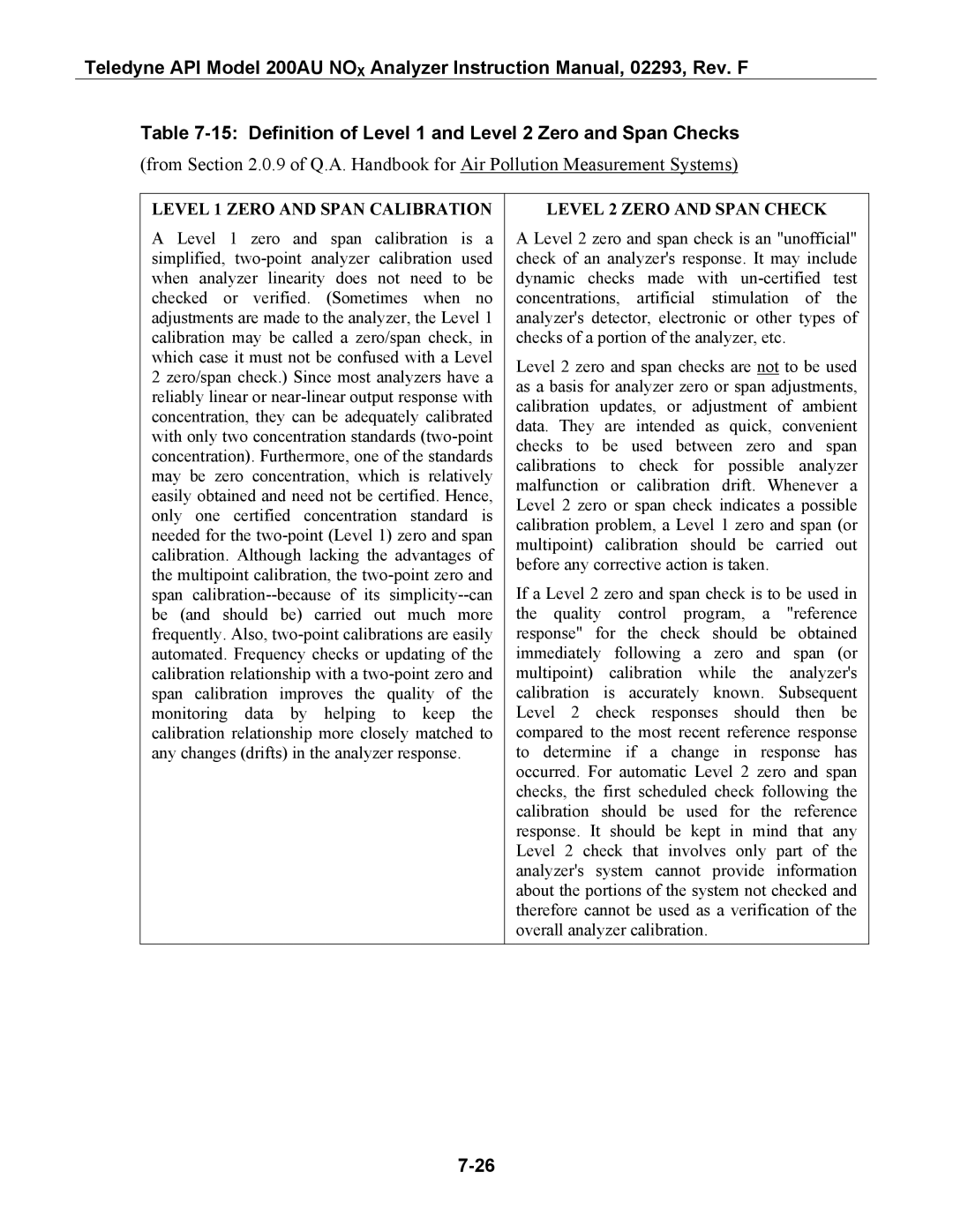 Teledyne 200AU instruction manual Definition of Level 1 and Level 2 Zero and Span Checks, Level 1 Zero and Span Calibration 