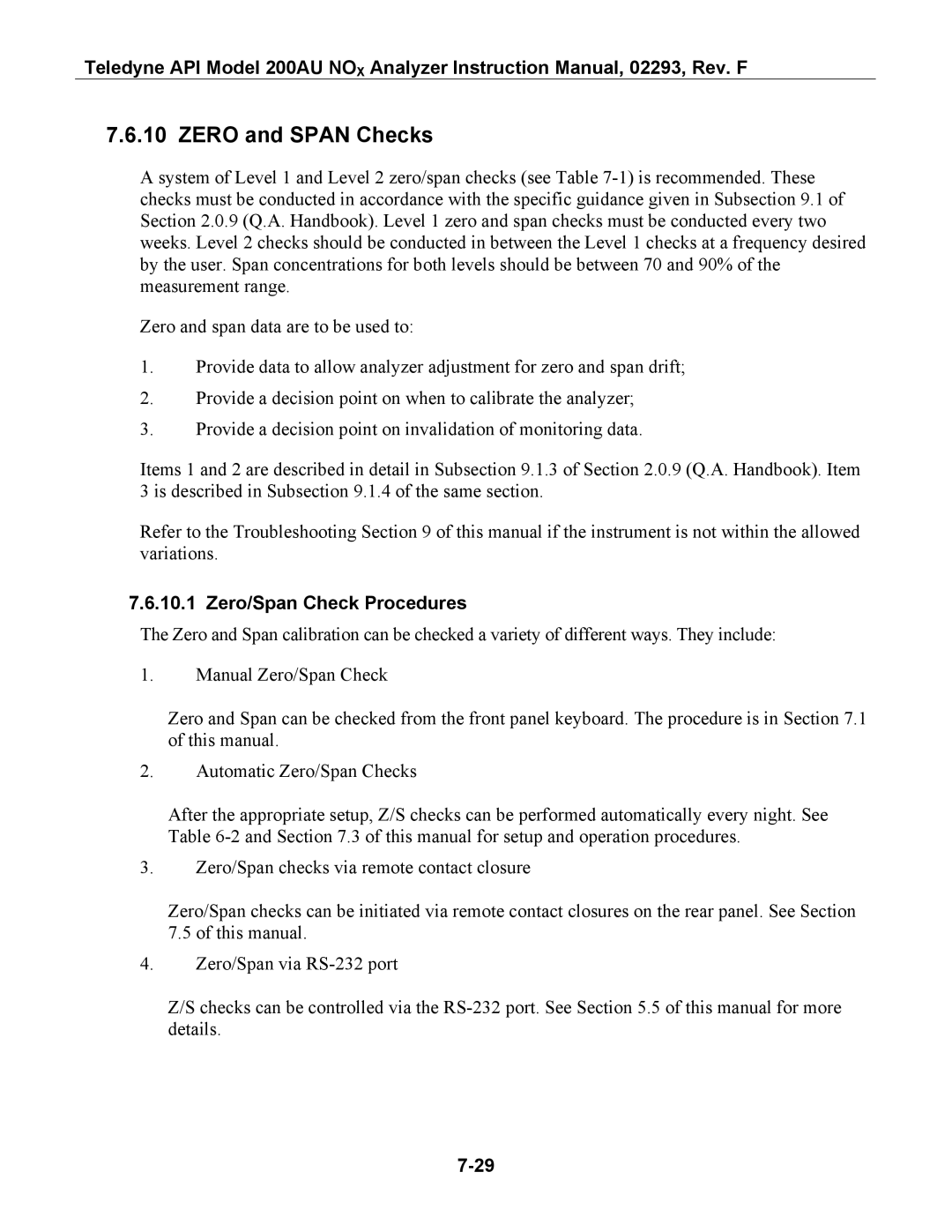 Teledyne 200AU instruction manual Zero and Span Checks, Zero/Span Check Procedures 