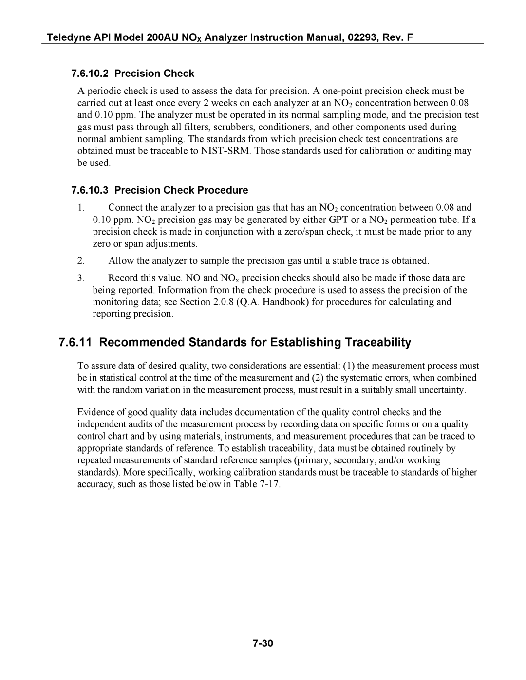 Teledyne 200AU instruction manual Recommended Standards for Establishing Traceability, Precision Check Procedure 