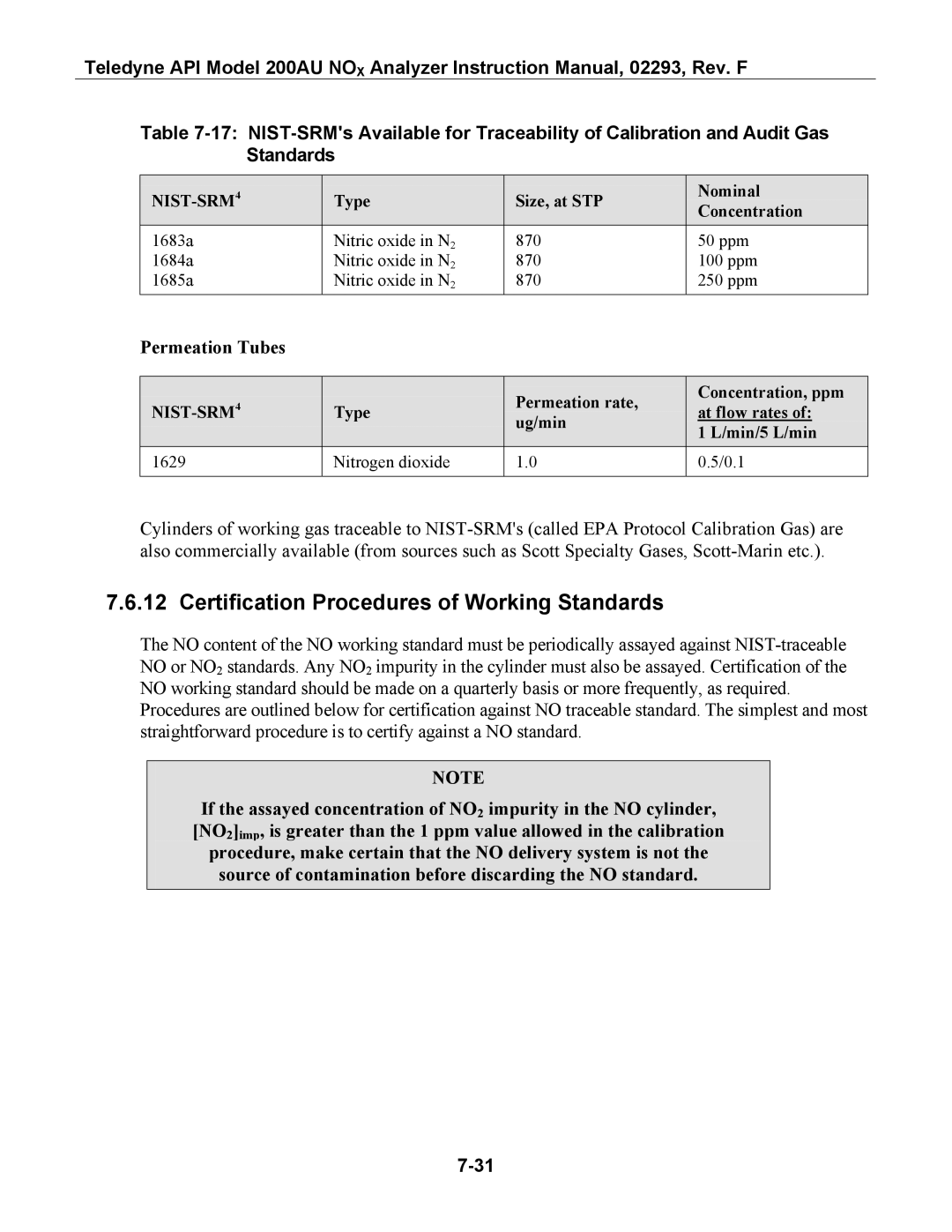 Teledyne 200AU Certification Procedures of Working Standards, Permeation Tubes, Type Size, at STP Nominal Concentration 