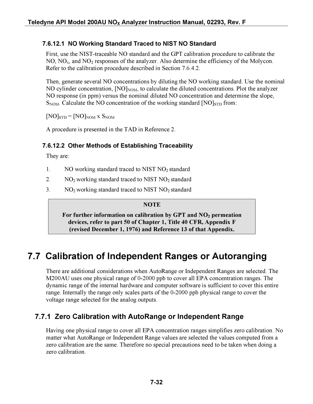 Teledyne 200AU Calibration of Independent Ranges or Autoranging, Zero Calibration with AutoRange or Independent Range 