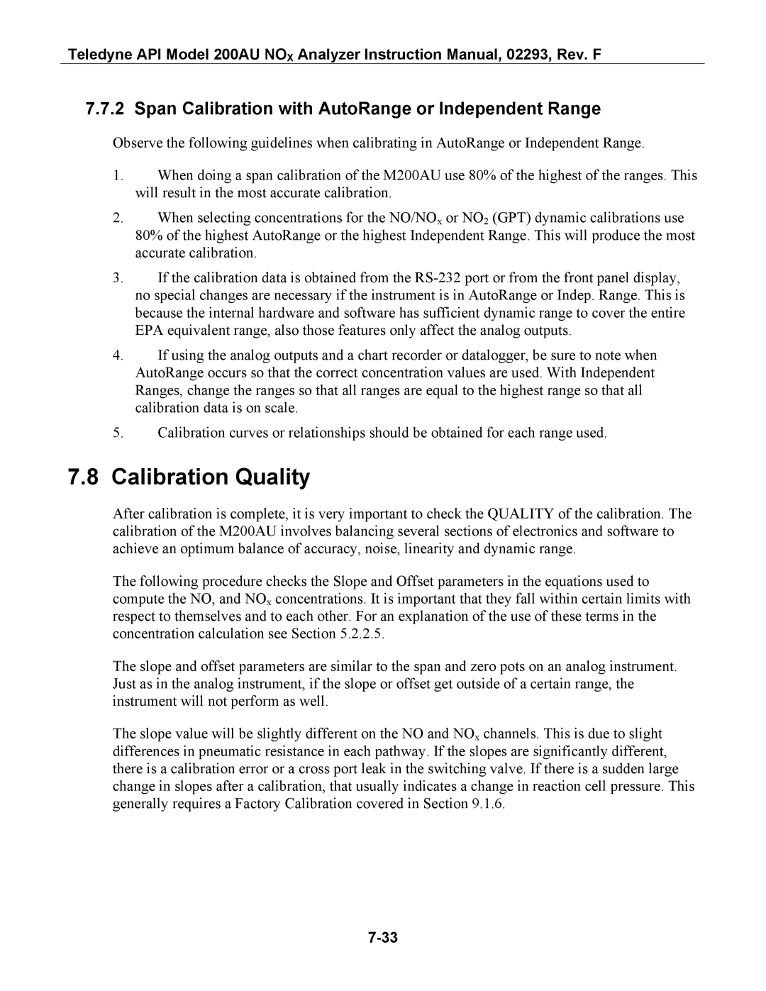 Teledyne 200AU instruction manual Calibration Quality, Span Calibration with AutoRange or Independent Range 