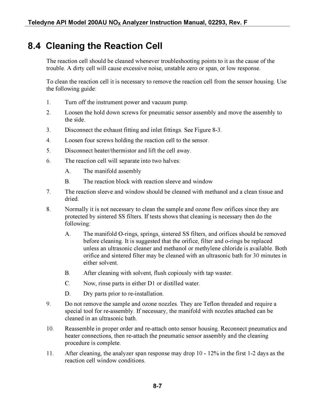 Teledyne 200AU instruction manual Cleaning the Reaction Cell 