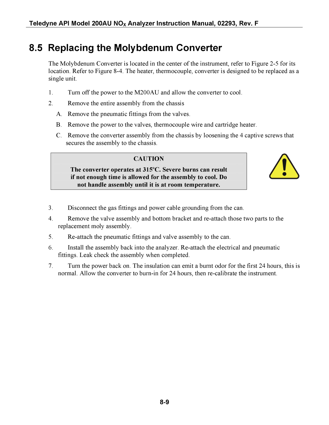 Teledyne 200AU instruction manual Replacing the Molybdenum Converter 