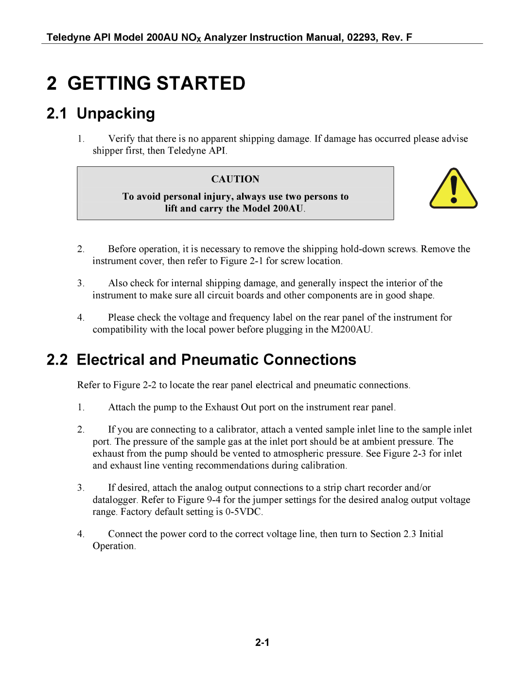 Teledyne 200AU instruction manual Getting Started, Unpacking, Electrical and Pneumatic Connections 