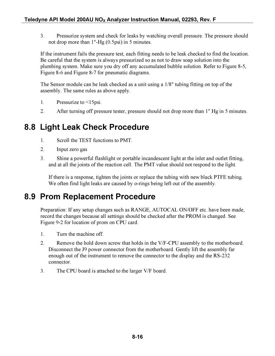 Teledyne 200AU instruction manual Light Leak Check Procedure, Prom Replacement Procedure 