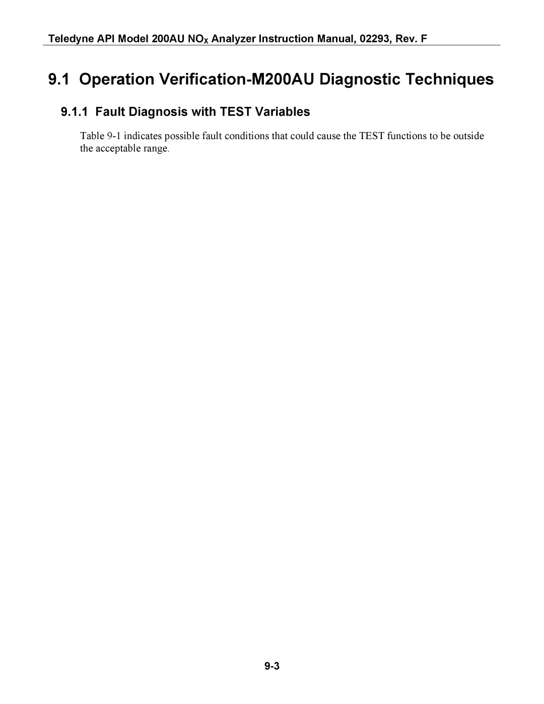 Teledyne instruction manual Operation Verification-M200AU Diagnostic Techniques, Fault Diagnosis with Test Variables 