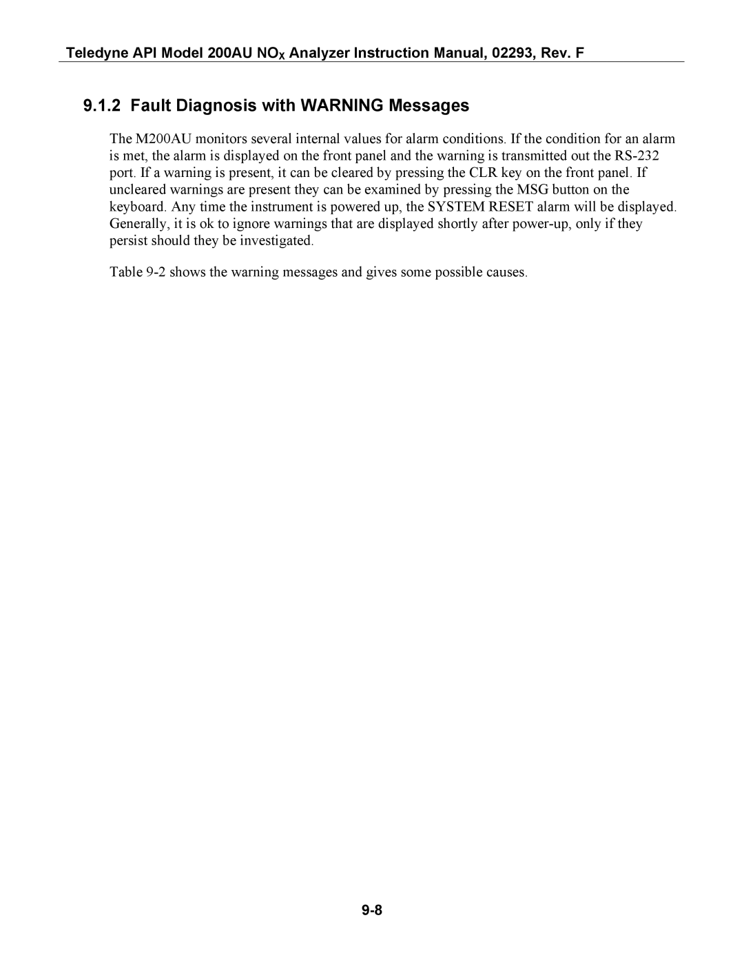 Teledyne 200AU instruction manual Fault Diagnosis with Warning Messages 