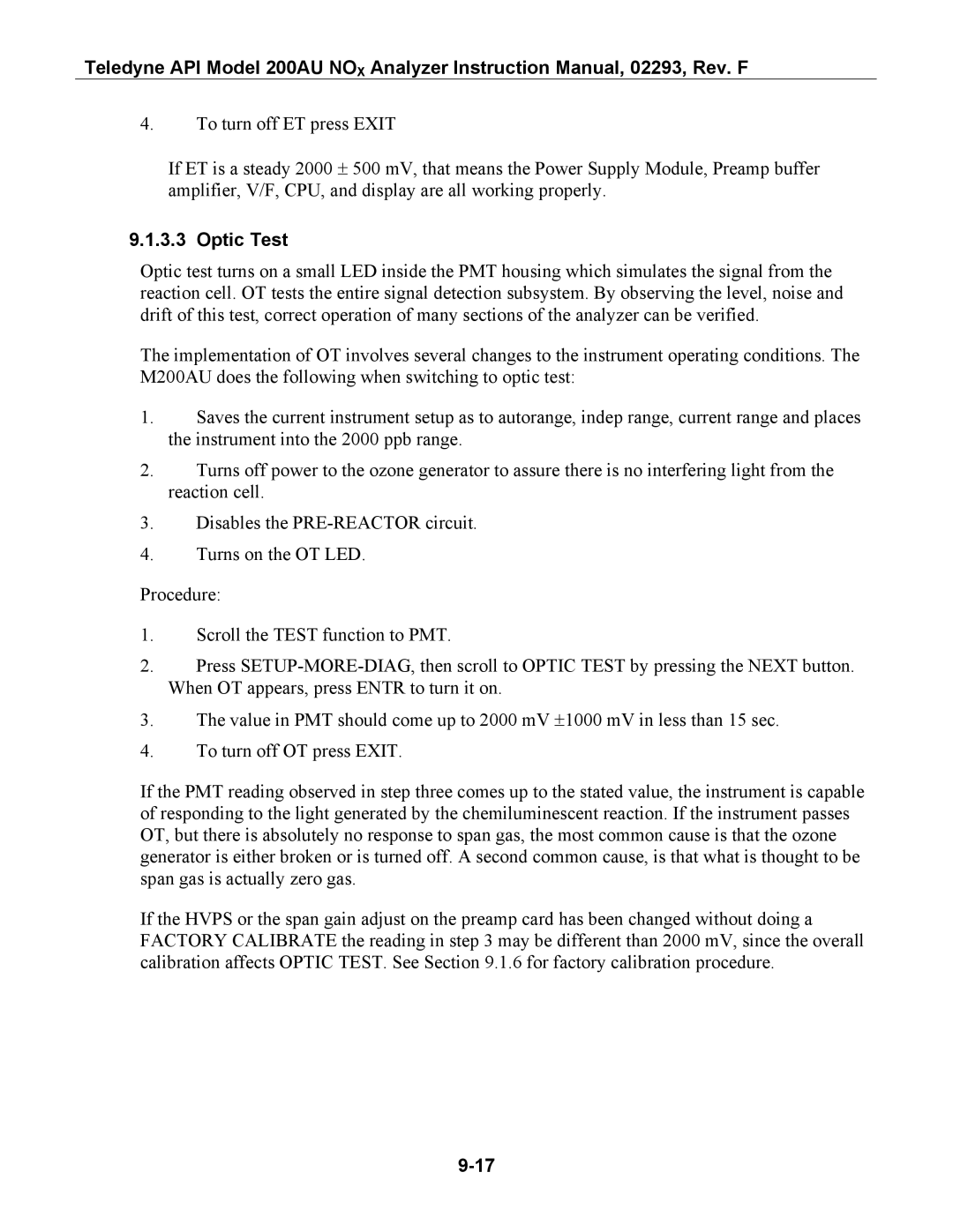 Teledyne 200AU instruction manual Optic Test 