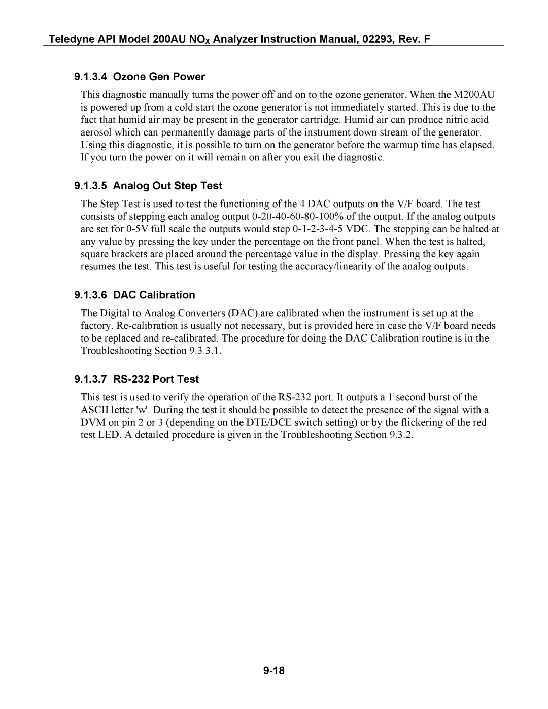 Teledyne 200AU instruction manual Ozone Gen Power, Analog Out Step Test, DAC Calibration, 3.7 RS-232 Port Test 