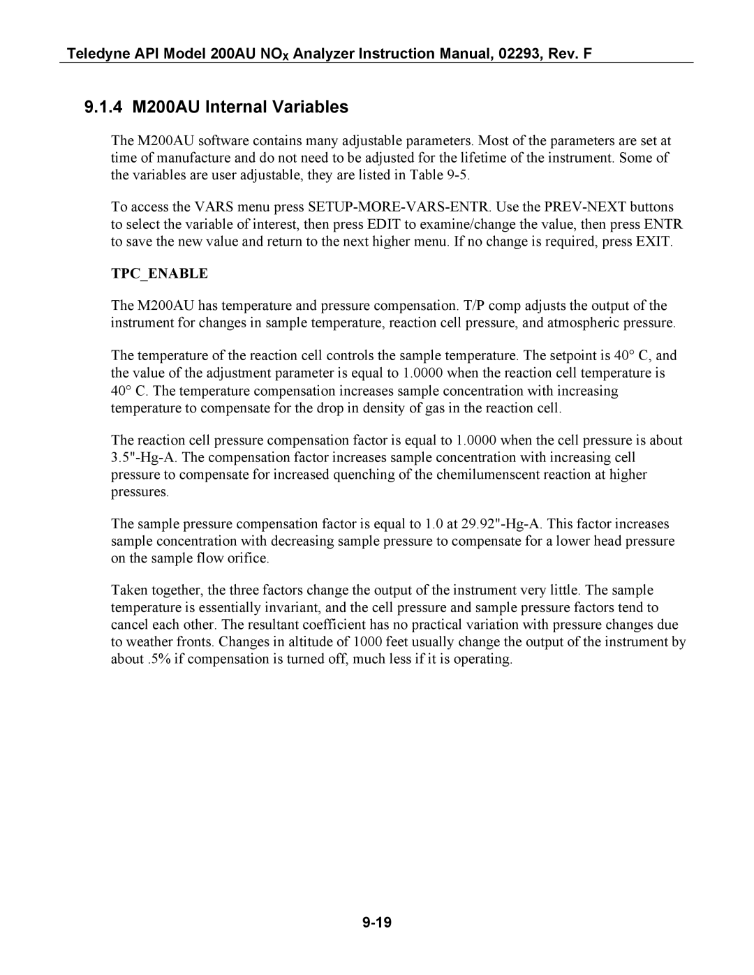 Teledyne instruction manual 4 M200AU Internal Variables, Tpcenable 