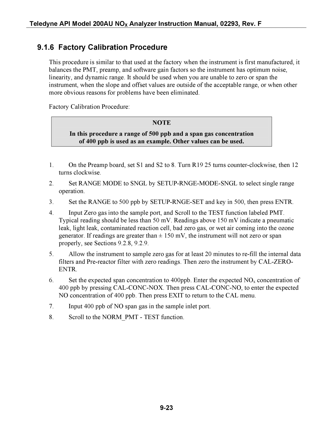 Teledyne 200AU instruction manual Factory Calibration Procedure 