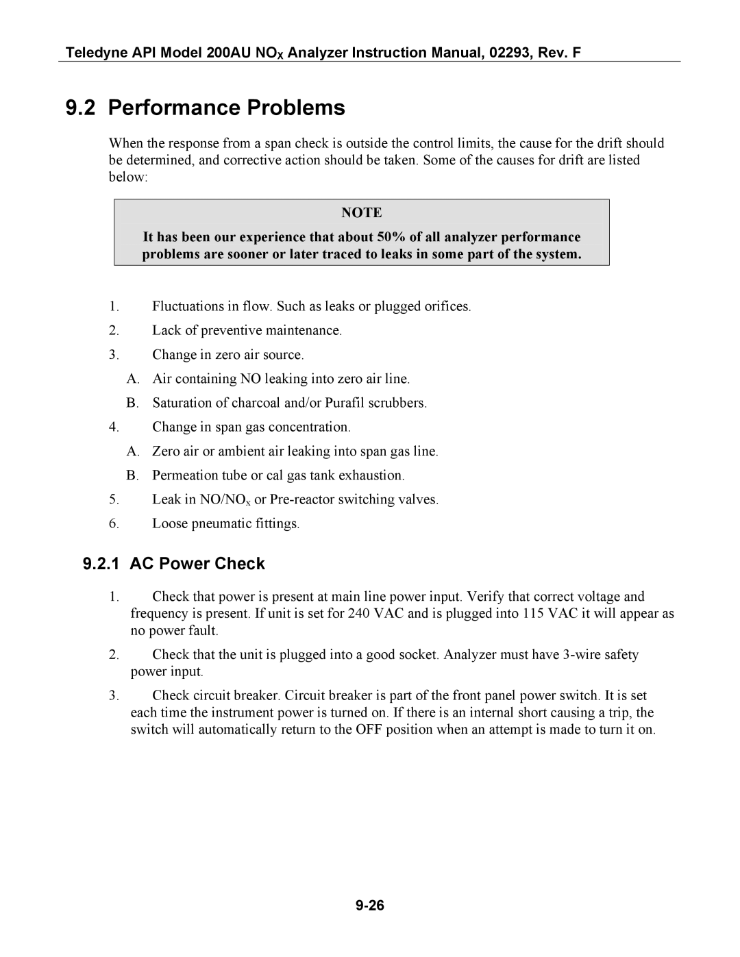 Teledyne 200AU instruction manual Performance Problems, AC Power Check 