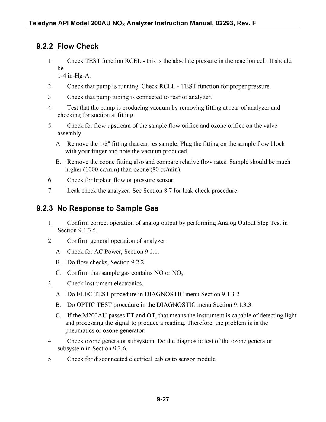 Teledyne 200AU instruction manual Flow Check, No Response to Sample Gas 