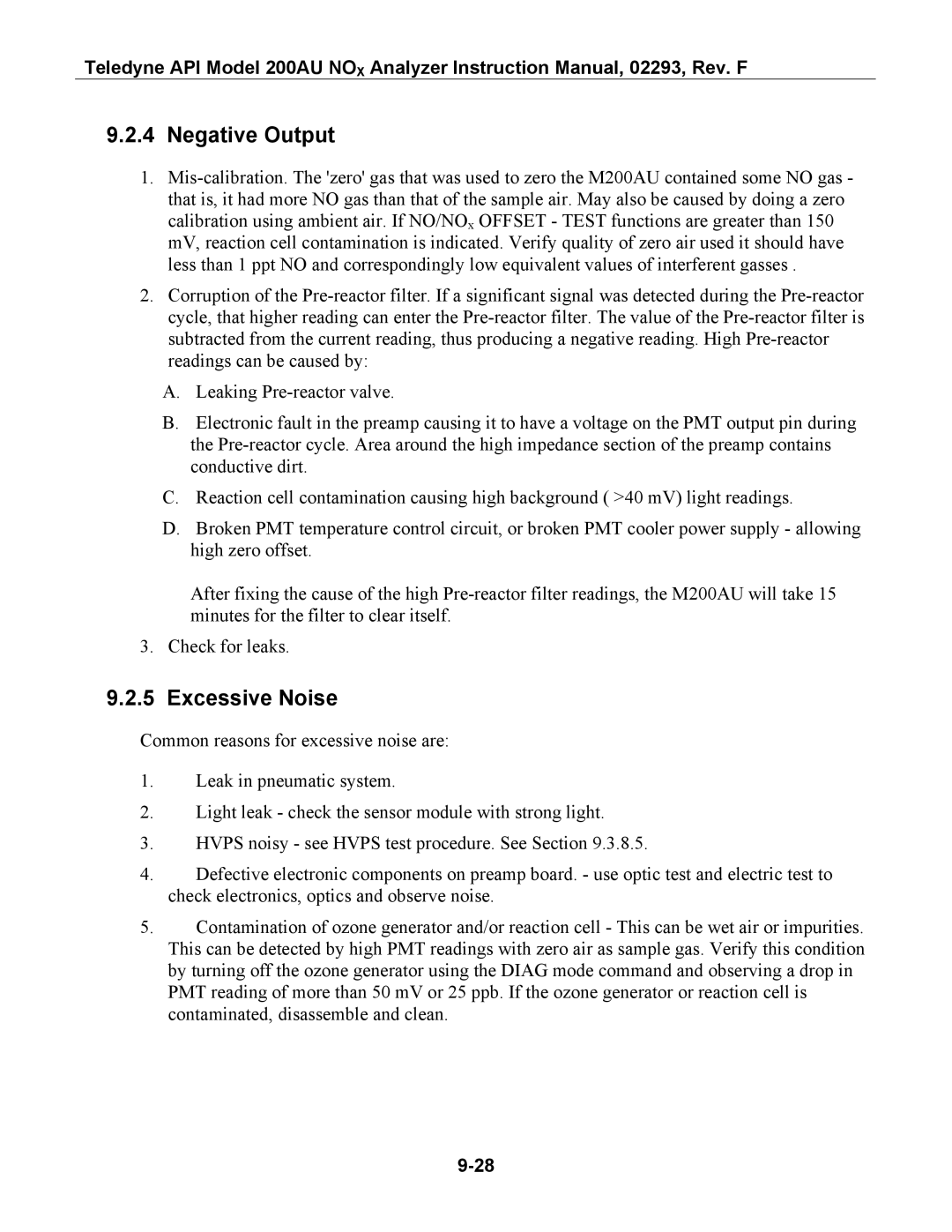 Teledyne 200AU instruction manual Negative Output, Excessive Noise 