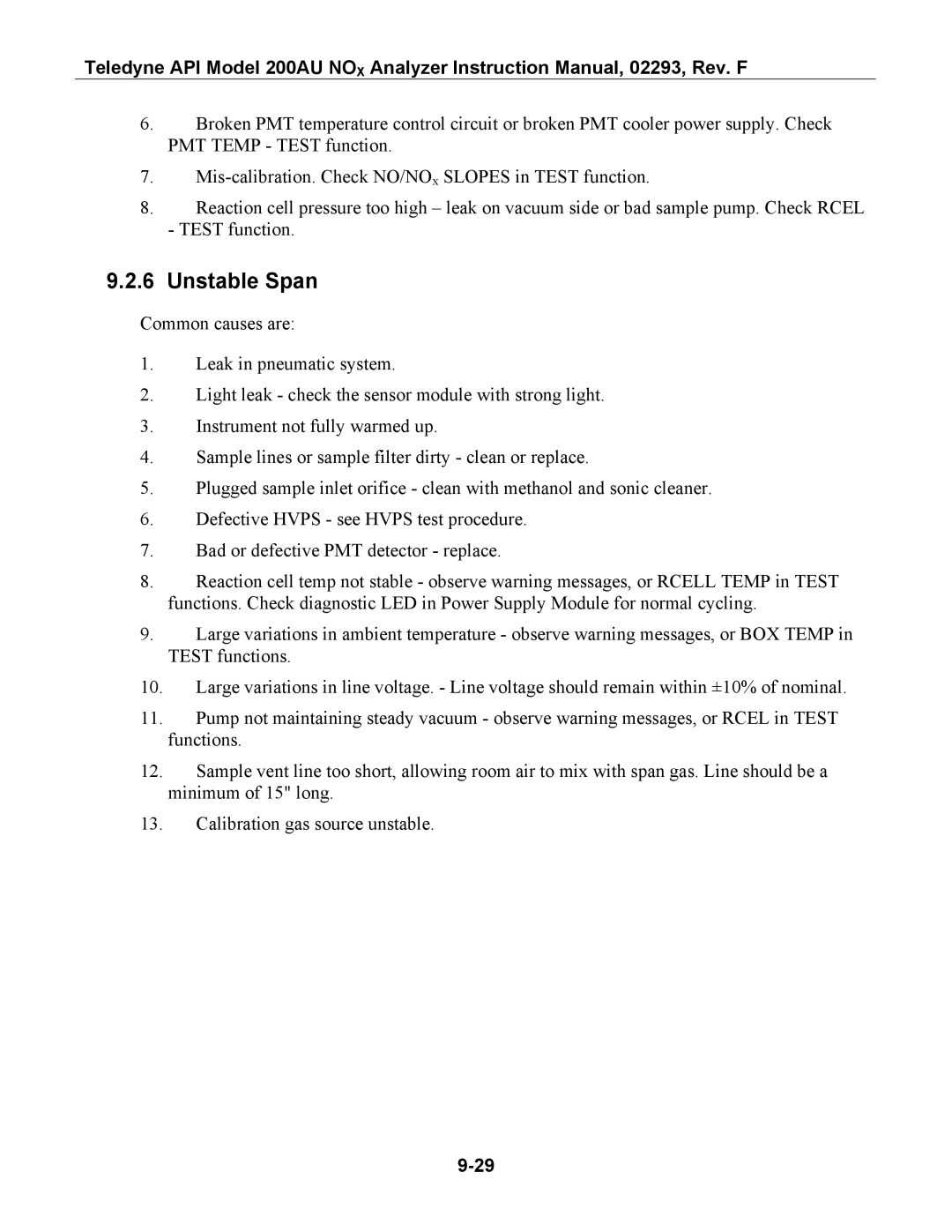 Teledyne 200AU instruction manual Unstable Span 