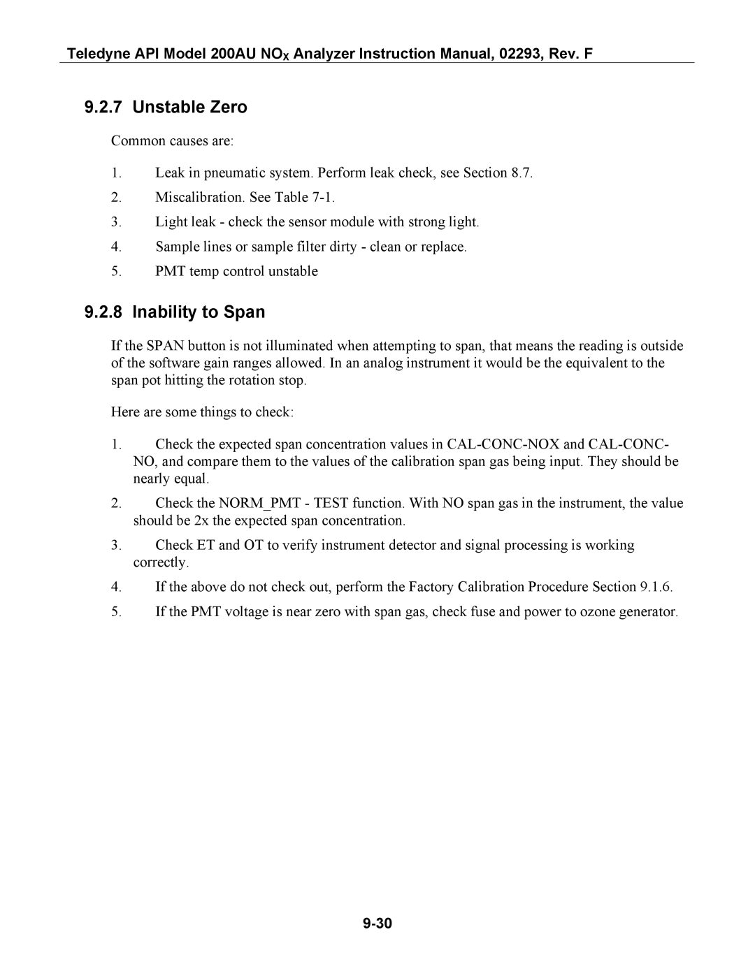 Teledyne 200AU instruction manual Unstable Zero, Inability to Span 