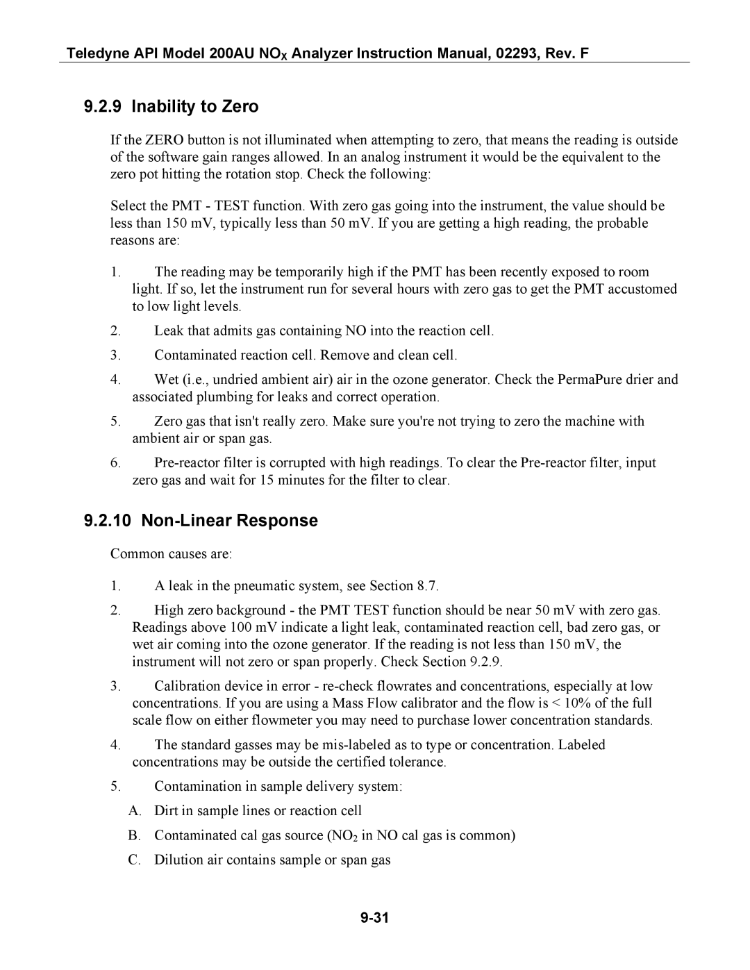 Teledyne 200AU instruction manual Inability to Zero, Non-Linear Response 