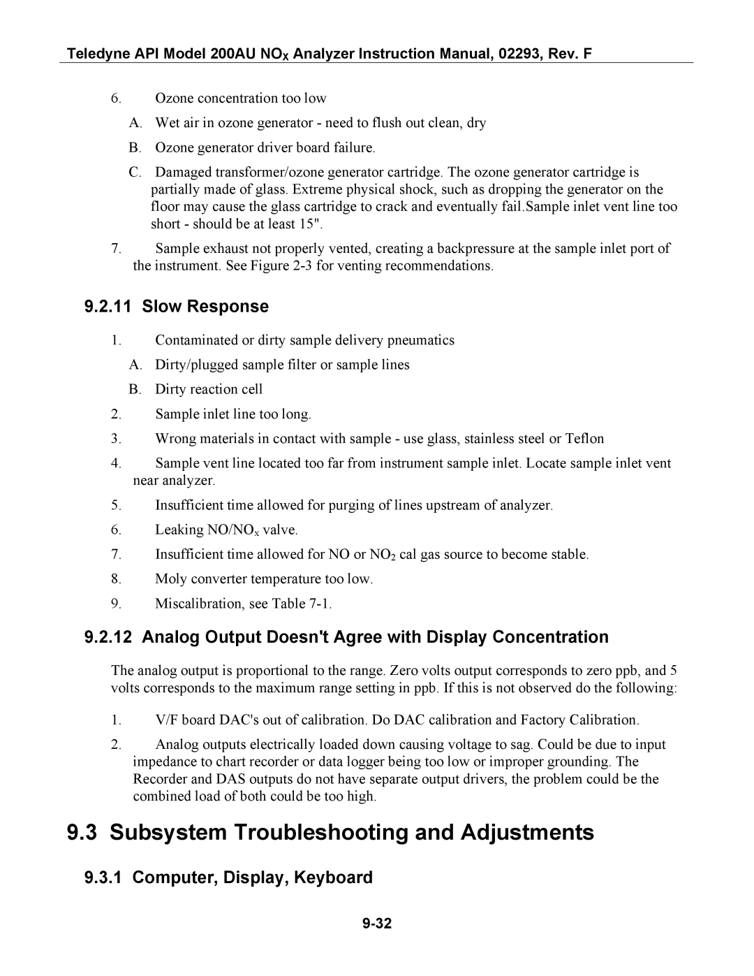 Teledyne 200AU instruction manual Subsystem Troubleshooting and Adjustments, Slow Response, Computer, Display, Keyboard 