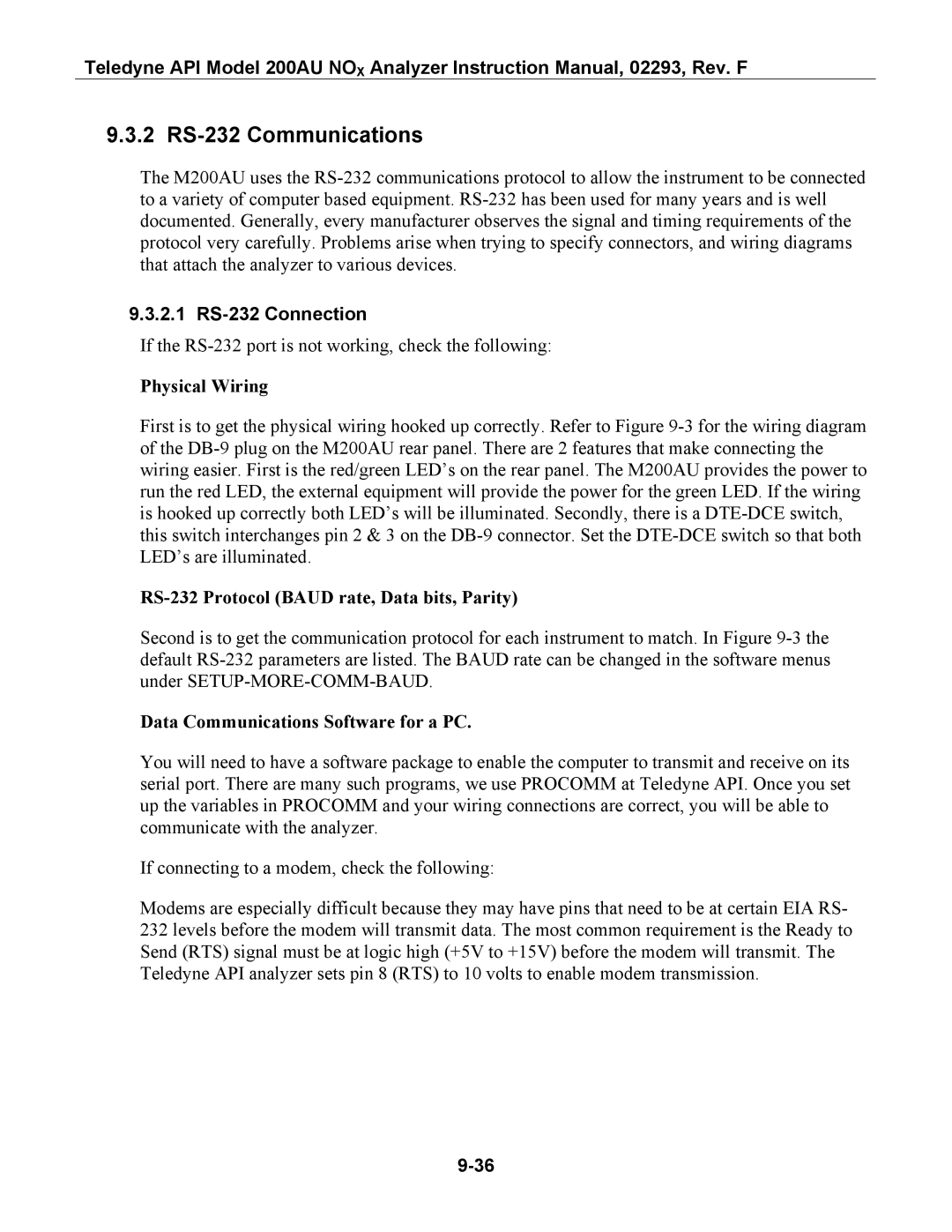 Teledyne 200AU 2 RS-232 Communications, 2.1 RS-232 Connection, Physical Wiring, Data Communications Software for a PC 