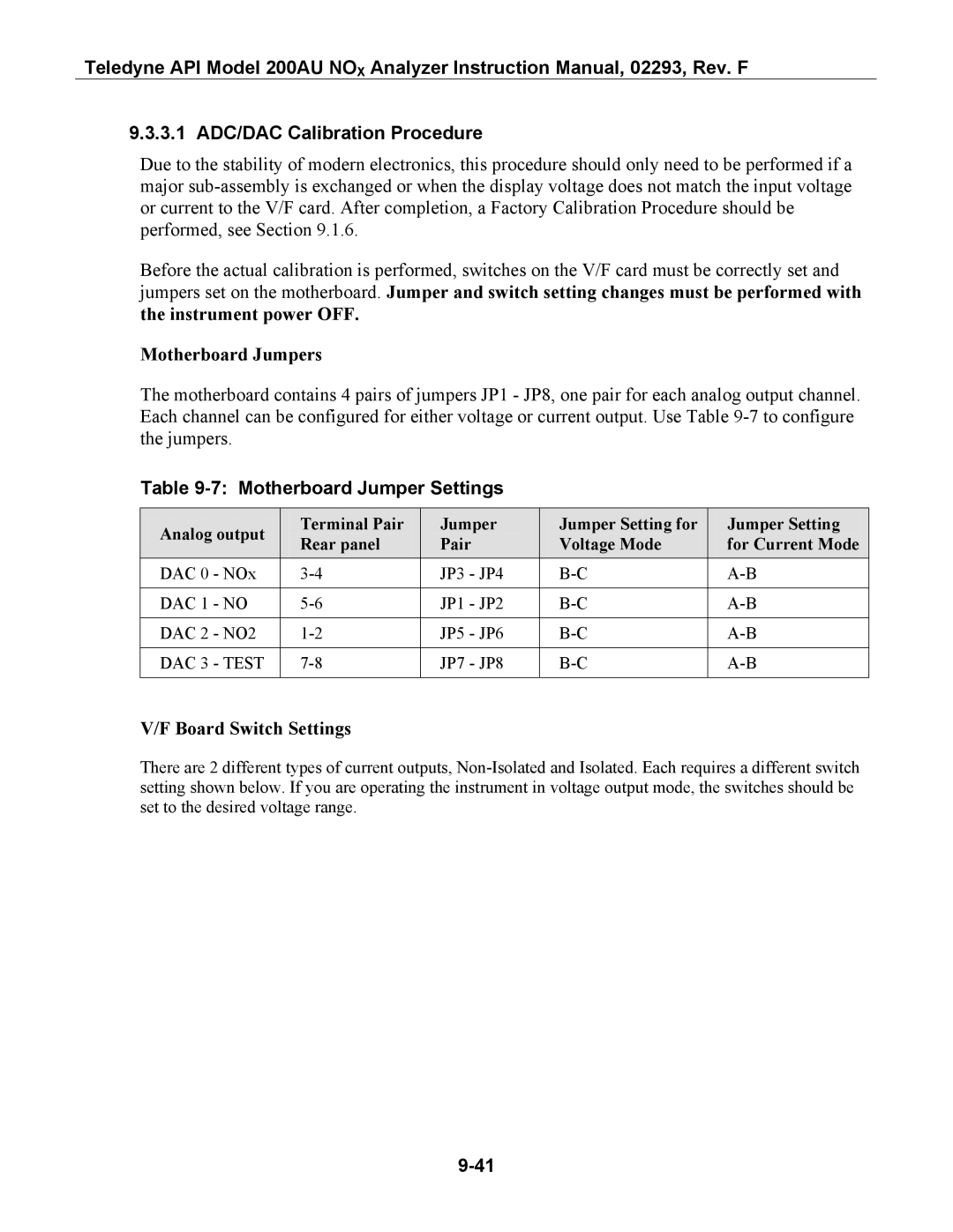 Teledyne 200AU 3.1 ADC/DAC Calibration Procedure, Motherboard Jumpers, Motherboard Jumper Settings, Board Switch Settings 