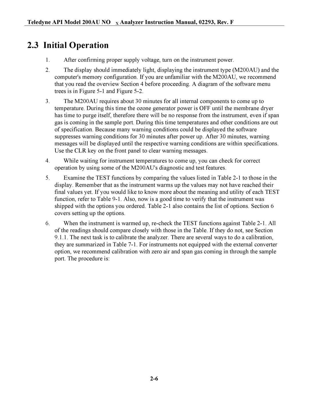 Teledyne 200AU instruction manual Initial Operation 