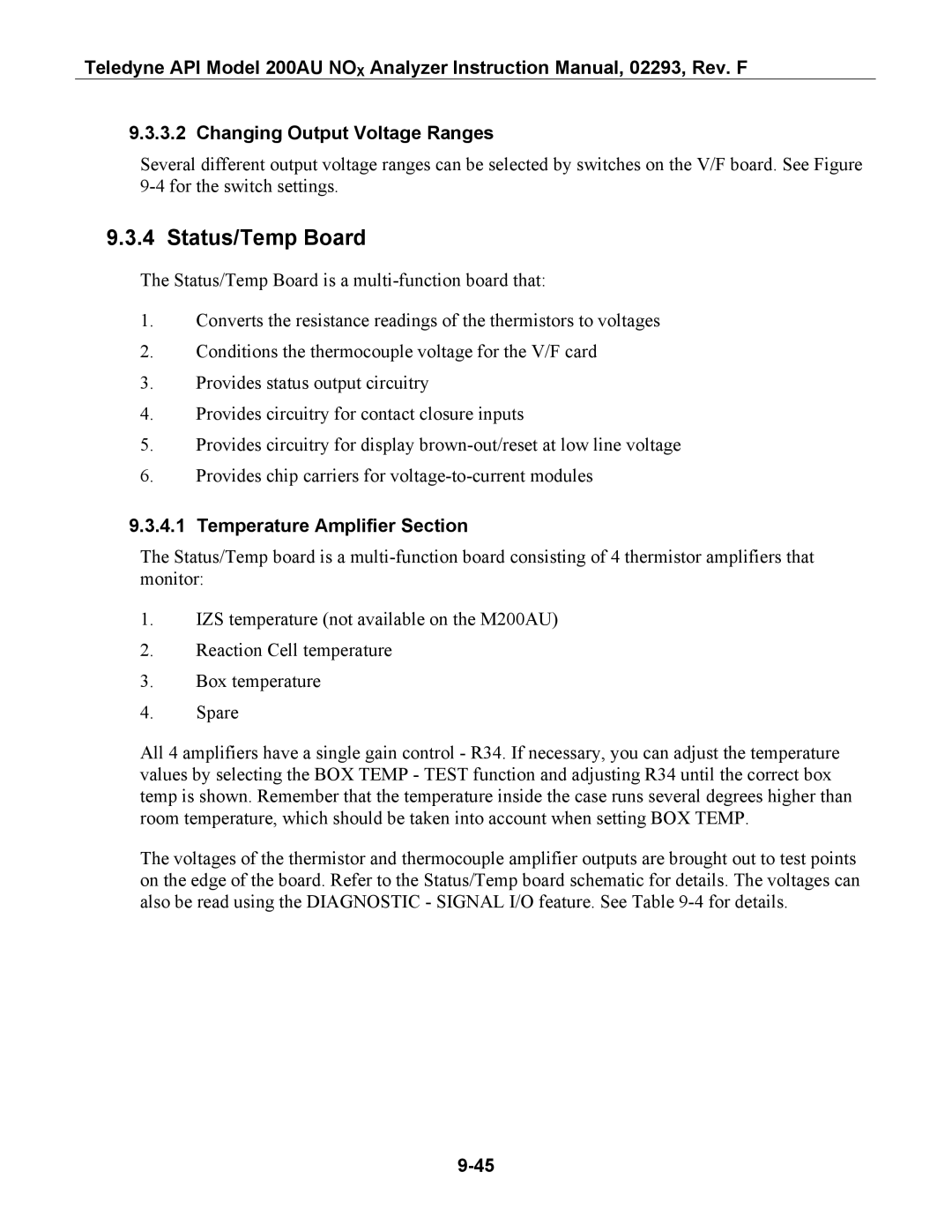 Teledyne 200AU instruction manual Status/Temp Board, Changing Output Voltage Ranges, Temperature Amplifier Section 