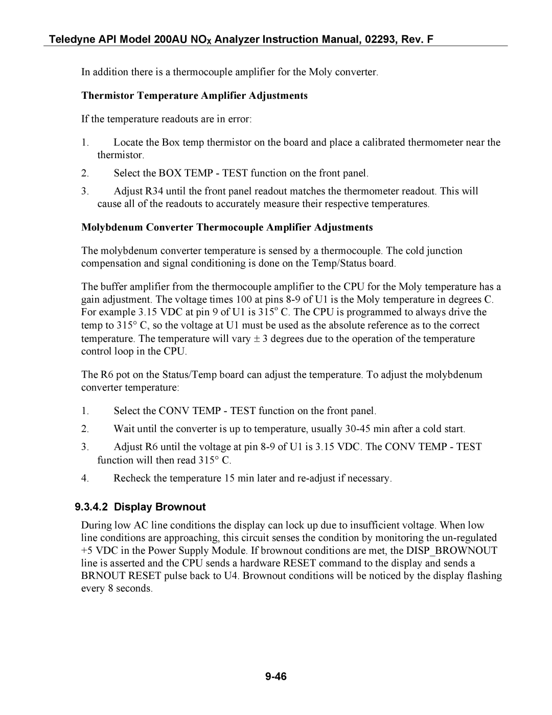 Teledyne 200AU Thermistor Temperature Amplifier Adjustments, Molybdenum Converter Thermocouple Amplifier Adjustments 