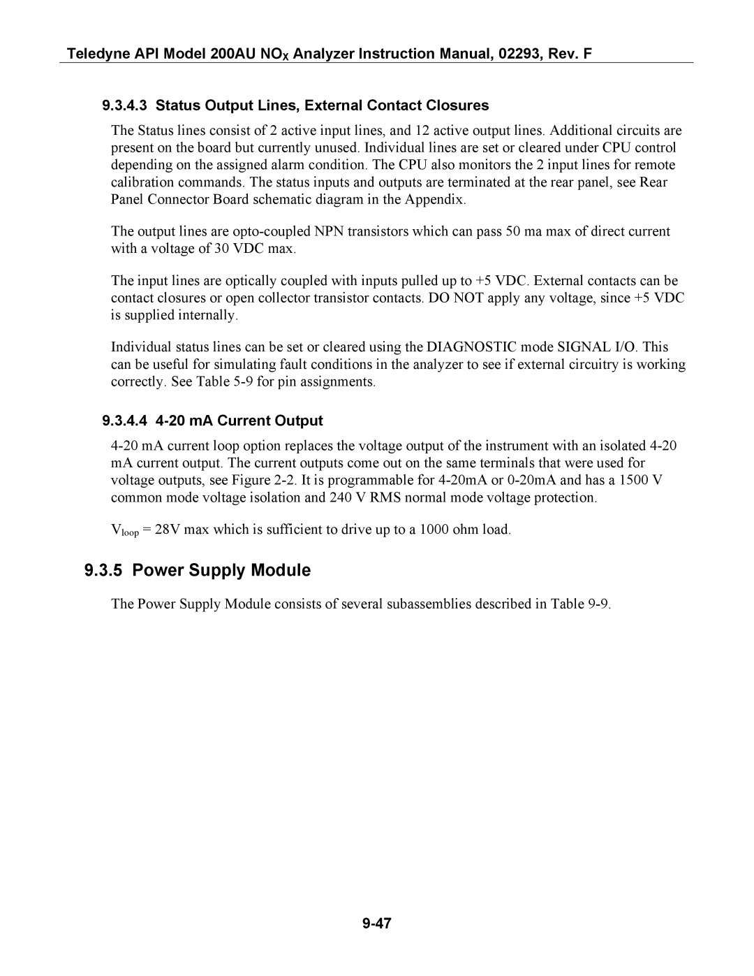 Teledyne 200AU instruction manual Status Output Lines, External Contact Closures, 4.4 4-20 mA Current Output 